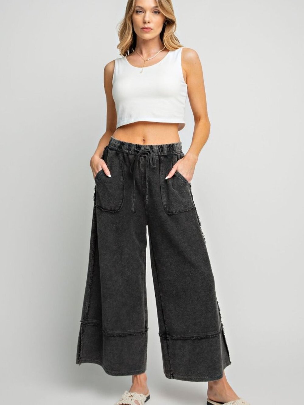 ASEL MINERAL WASHED TERRY KNIT PALAZZO PANTS 100% COTTON - Picture 5 of 5